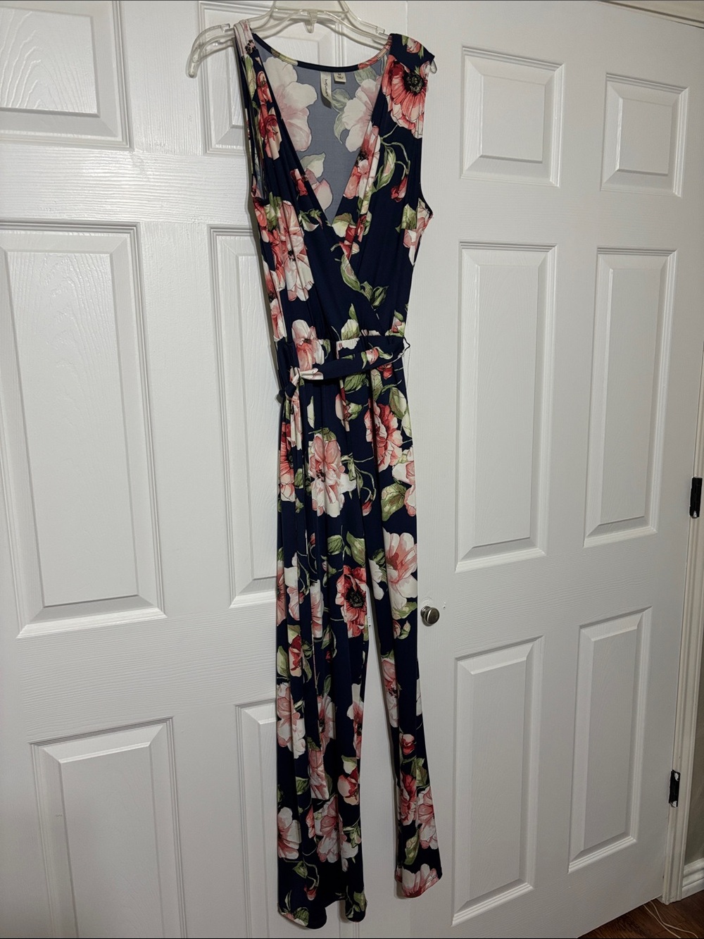 Tacera Navy Floral Wrap Jumpsuit with Pink Blooms